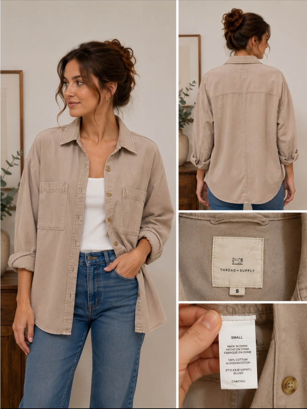 Thread & Supply Blush Cotton Shacket Utility Overshirt Small Neutral Oversized